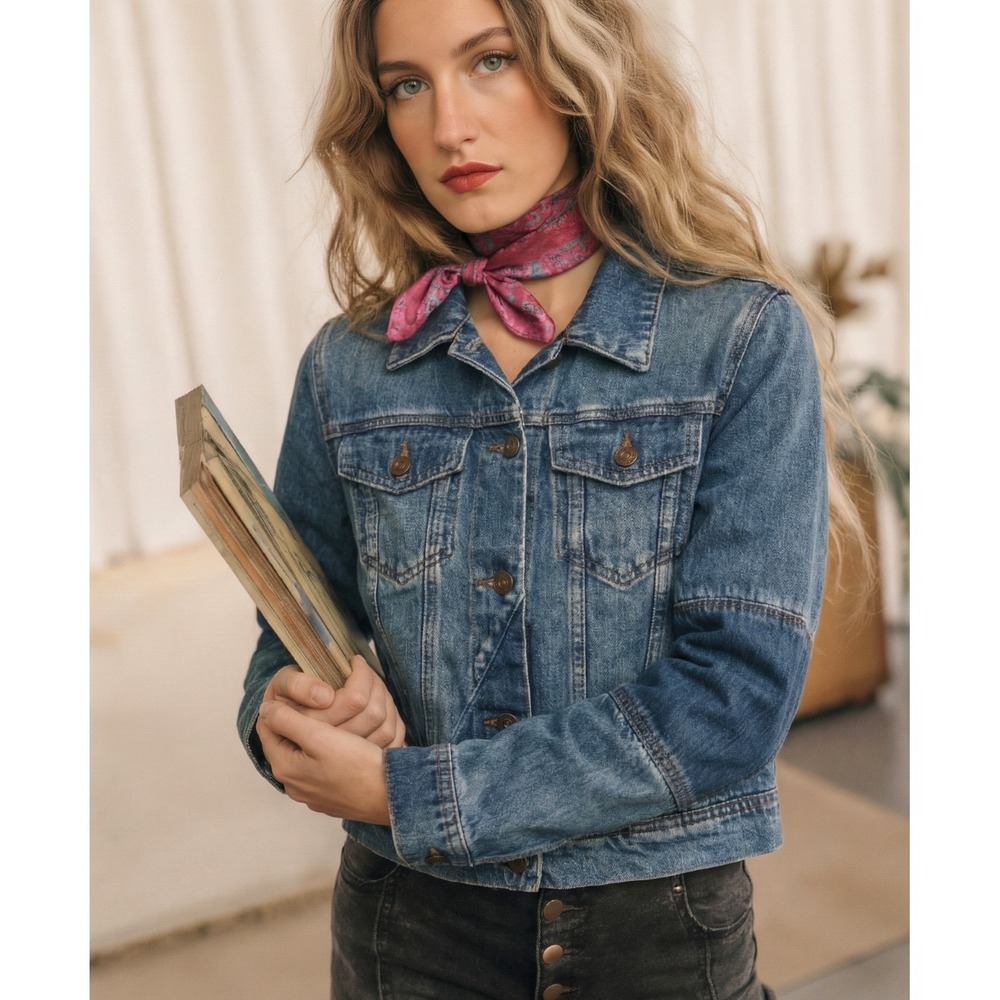 Free People Women's Cropped Denim Jean Jacket Relaxed Dark Wash Size SM
